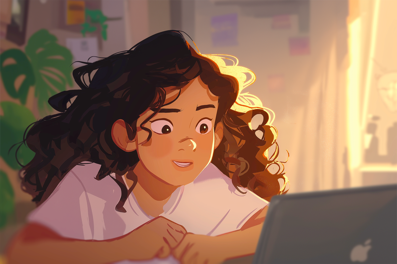 Una adolescente mirando concentrada al ordenador