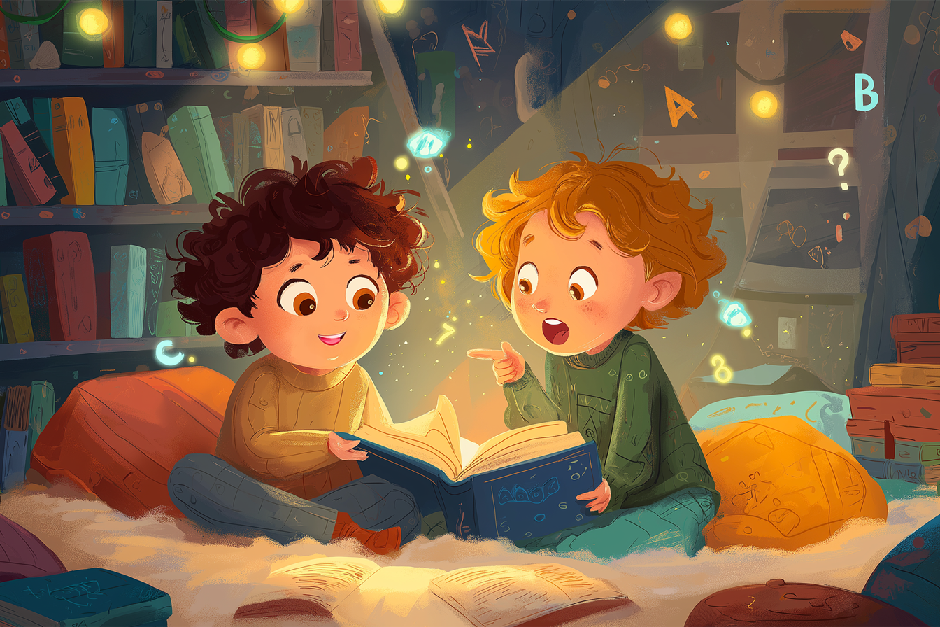 Dos niños felices leyendo un libro con cara de asombro