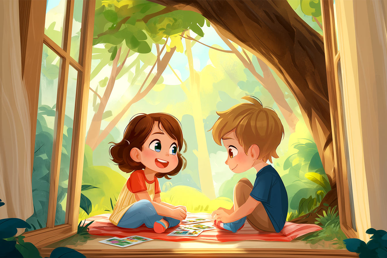 Dos niños jugando a un juego de mesa con un bosque de fondo