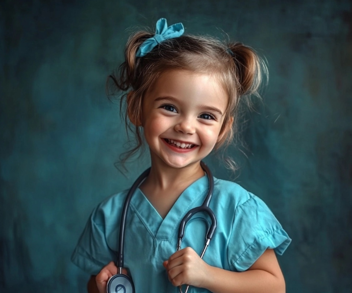 Niña disfrazada de médico.