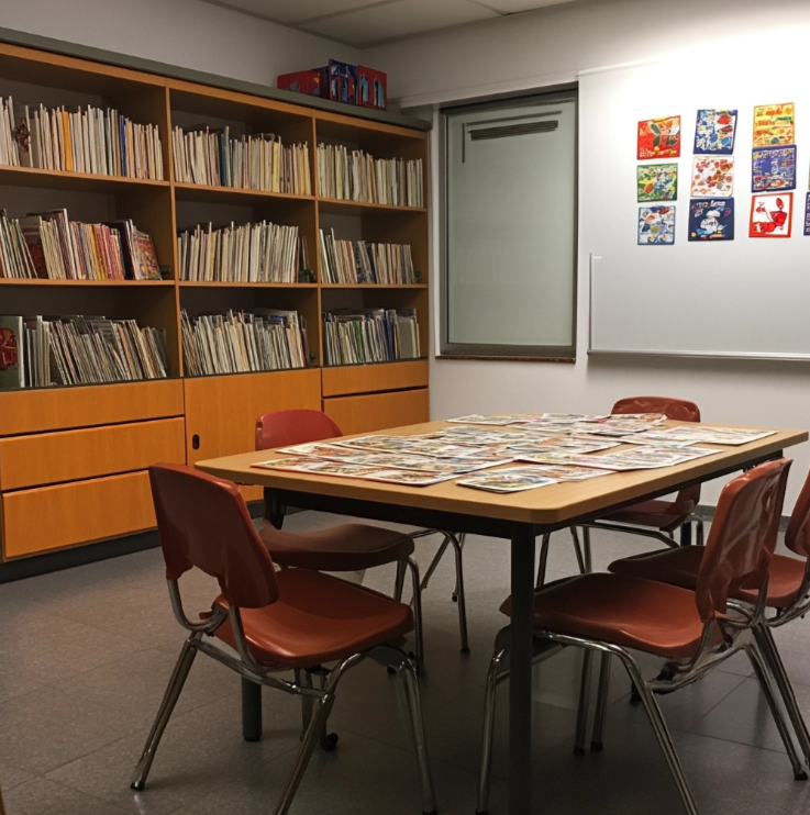 Un aula con cartas didácticas y material educativo.