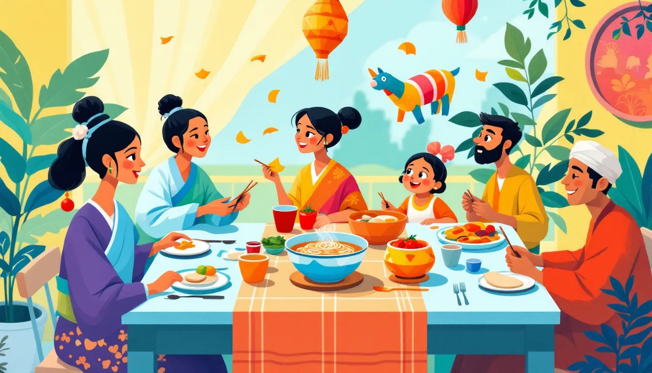 Una mesa con personas de distintas culturas comiendo