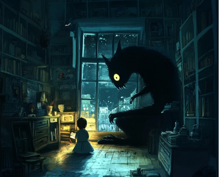 Un cuarto oscuro con un niño asustado
