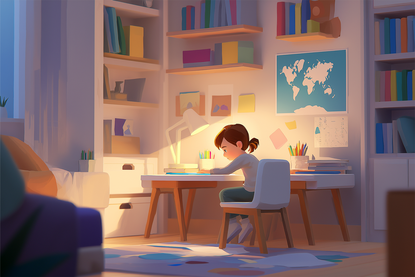 Una niña concentrada estudiando en su habitación