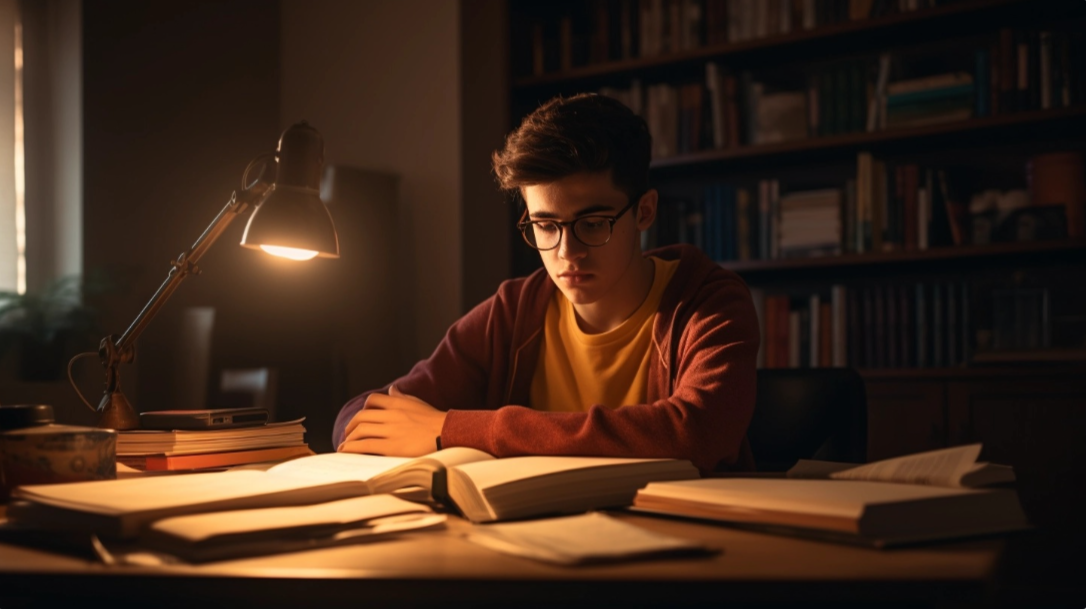Un estudiante rodeado de libros