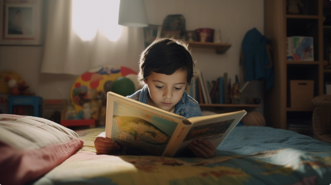 Un niño pequeño leyendo un libro en la cama