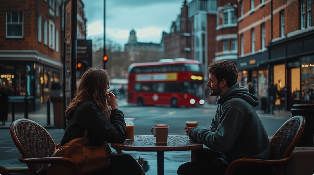 Dos personas en una terraza de Londres tomando un café