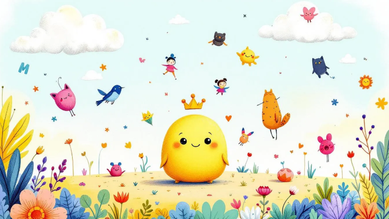 Ilustración de un pollito animado con una corona