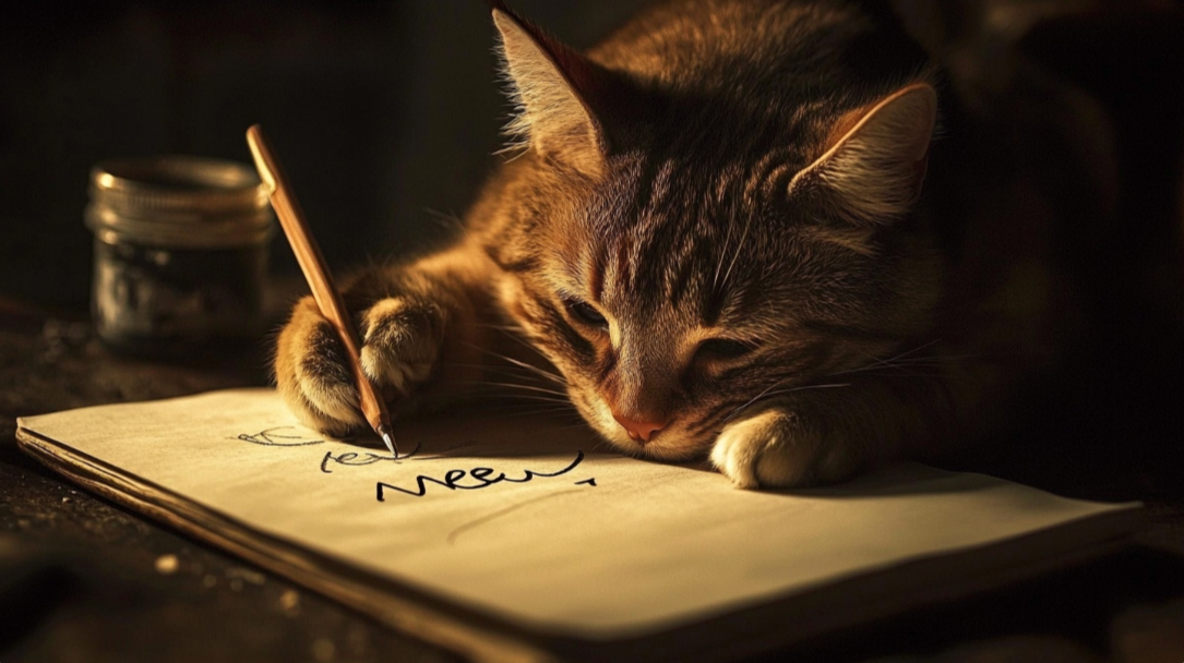 Una imagen de un gatito escribiendo la palaba Meow