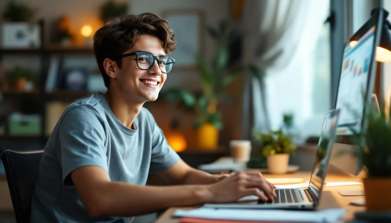 Un adolescente feliz estudiando frente a su computadora