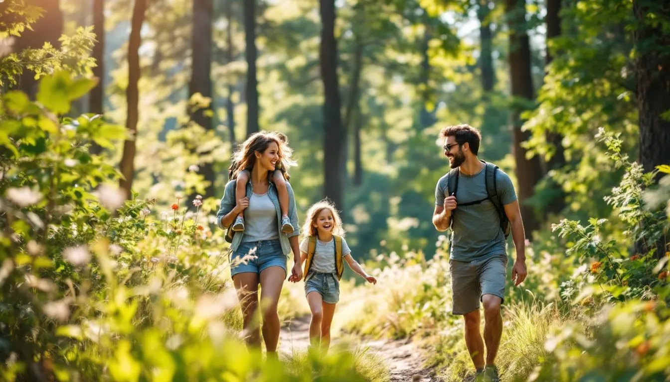 Una familia de excursión en un bosque