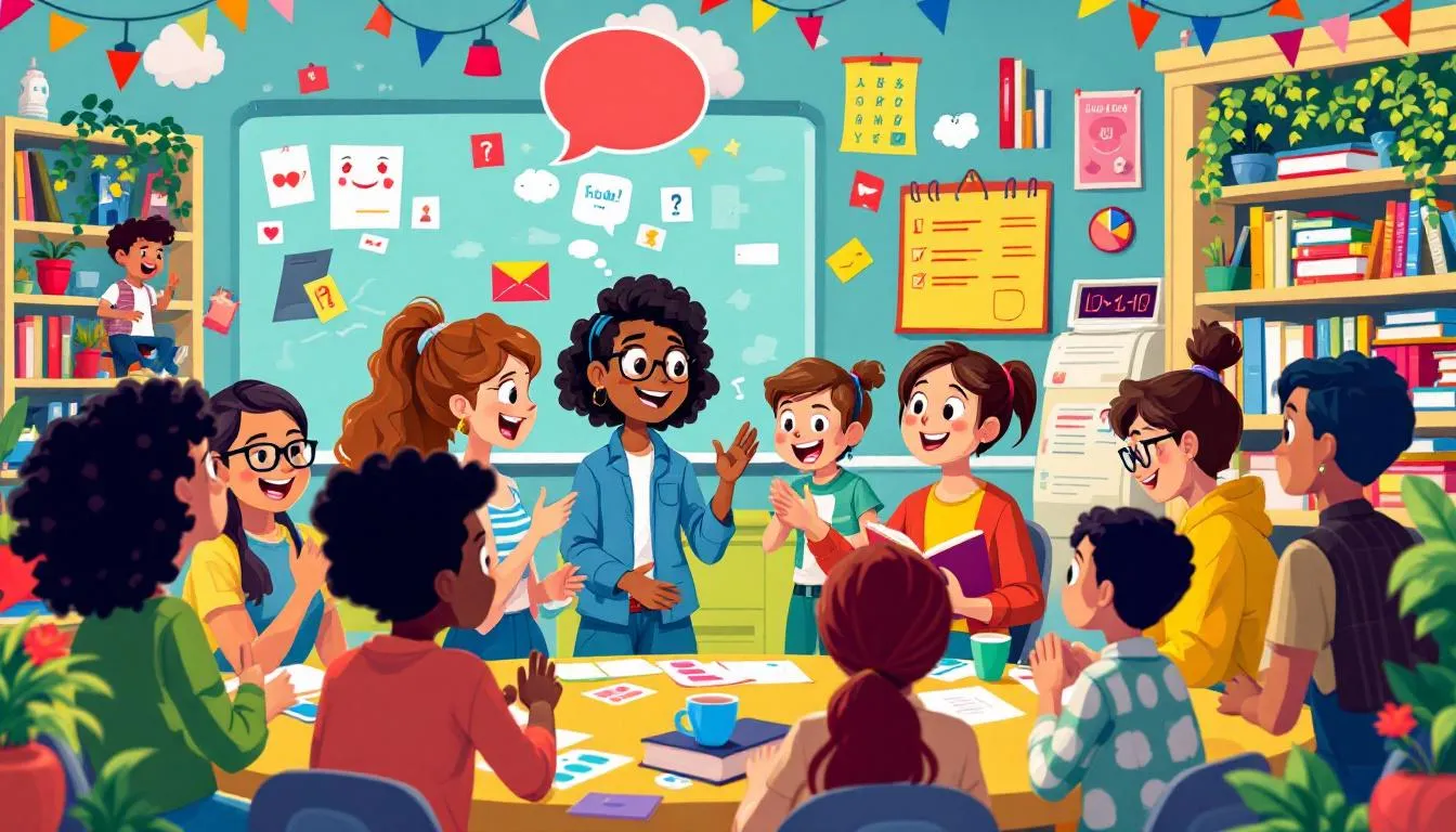 Una ilustración de una profesora dando clases de inglés