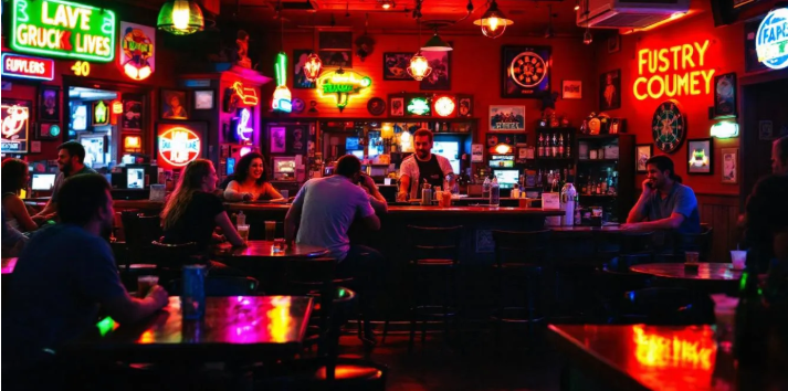 Un bar con un ambiente divertido, lleno de gente riendo y disfrutando de conversaciones animadas, donde se pueden escuchar expresiones británicas y disfrutar de una pinta de cerveza. El lugar está decorado con luces tenues y mesas de madera, creando un ambiente acogedor y vibrante.