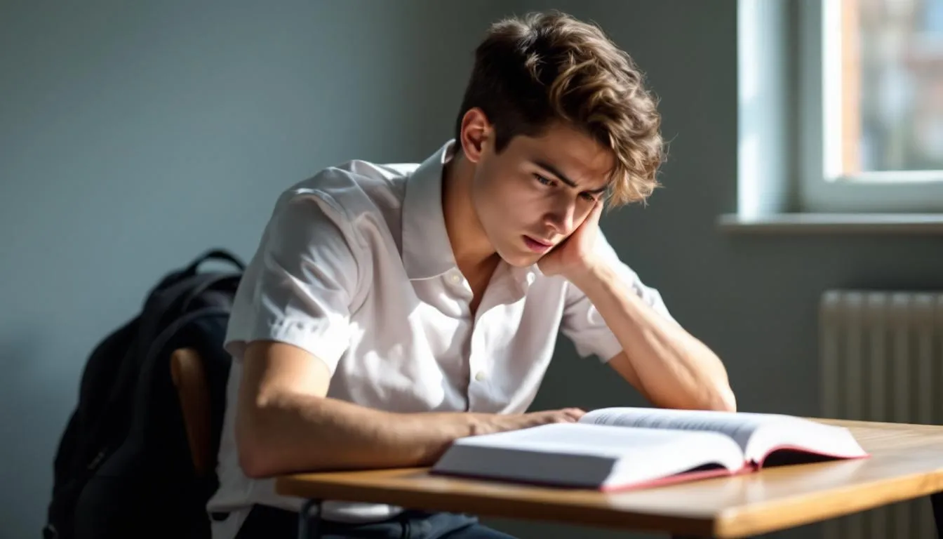 Un estudiante está concentrado leyendo un libro de inglés