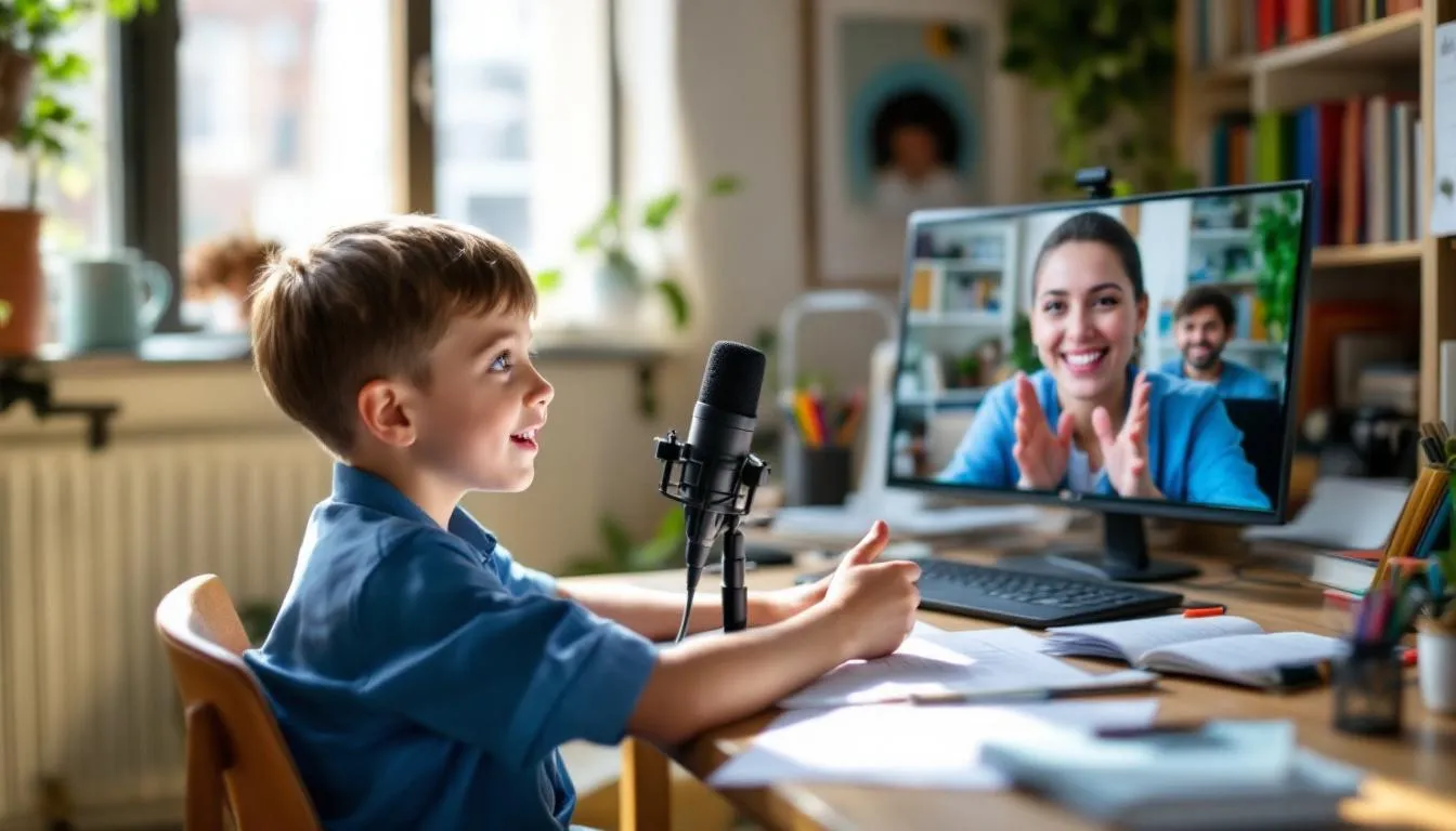 Un niño está participando en una clase online con su profesor nativo, mostrando interés en aprender inglés a través de lecciones interactivas. La escena refleja el uso de aplicaciones y recursos digitales que facilitan la enseñanza de idiomas en el mundo actual