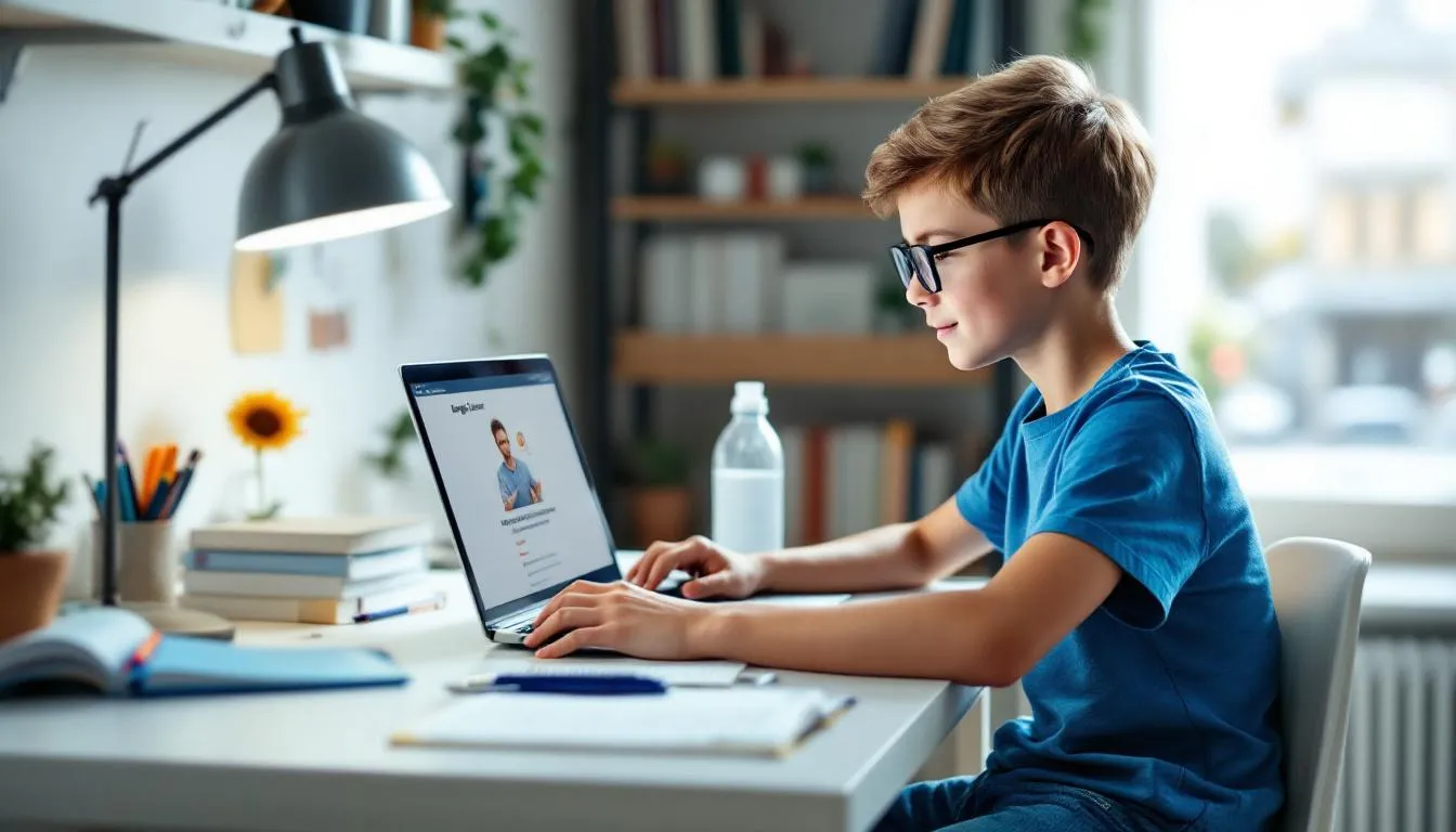 Un niño está sentado frente a una computadora, aprendiendo inglés en línea a través de una página web que ofrece cursos interactivos. El contenido incluye videos, actividades y lecciones que facilitan el aprendizaje del idioma de manera divertida y efectiva