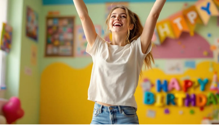Una adolescente celebra con emoción, levantando los brazos en el aire y sonriendo ampliamente, mostrando su alegría en un momento especial. La expresión de felicidad refleja la cultura juvenil del Reino Unido, donde la camaradería y la diversión son parte de la vida cotidiana