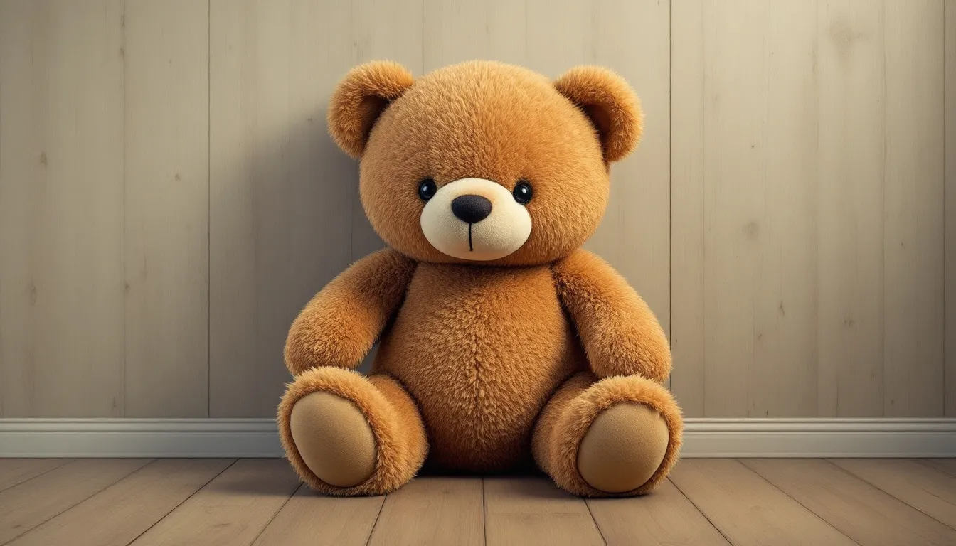 Un gran oso de peluche, suave y abrazable, se encuentra sentado en una habitación llena de juguetes. Este juguete clásico es perfecto para el juego imaginativo de los peques y fomenta el desarrollo emocional de los niños