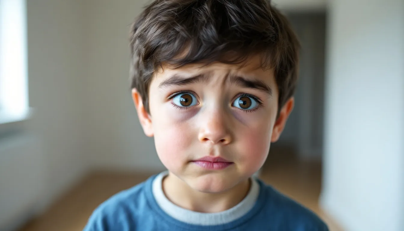 Un niño con expresión de duda está mirando hacia un lado, como si estuviera reflexionando sobre una acción o decisión. Su rostro refleja confusión y curiosidad, capturando un momento de incertidumbre en su presente