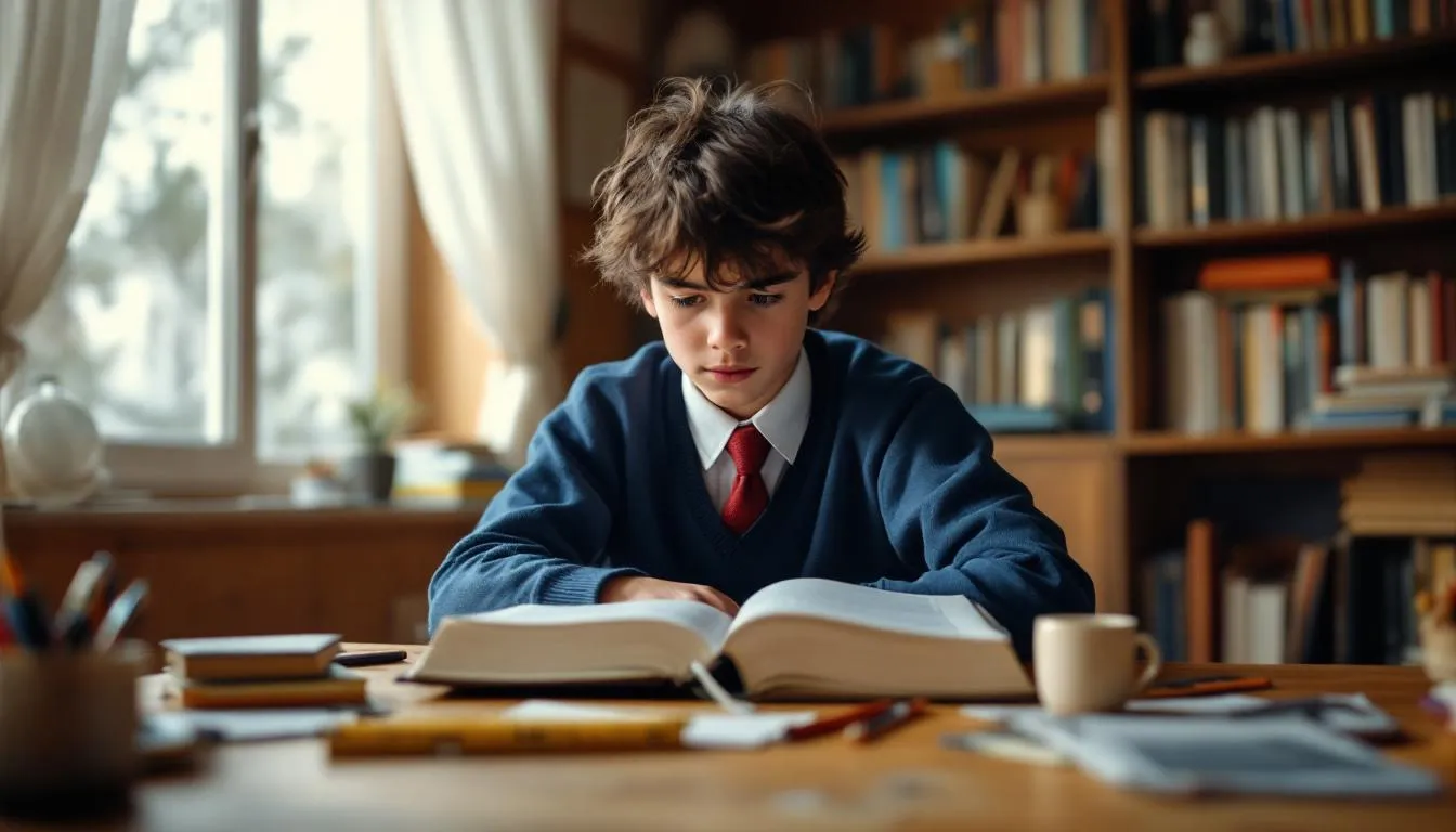 Un niño está repasando los tiempos verbales en inglés en su libro, enfocándose en ejemplos de acciones y estructuras como el verbo