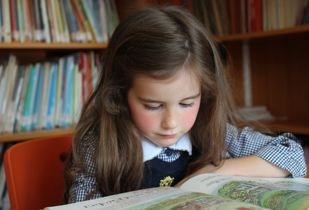 Una imagen de una niña leyendo un libro en inglés
