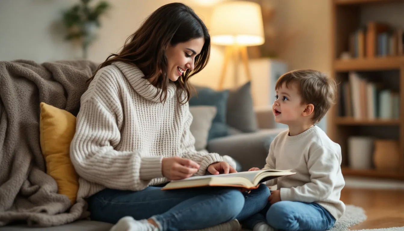 Una madre está sentada en un sillón, leyendo un libro a su hijo pequeño, quien escucha atentamente. Ambos están inmersos en la lectura, fomentando el aprendizaje de sílabas y palabras en un ambiente acogedor y educativo.
