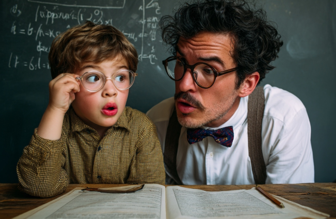 Un alumno y su profesor con cara de confusión