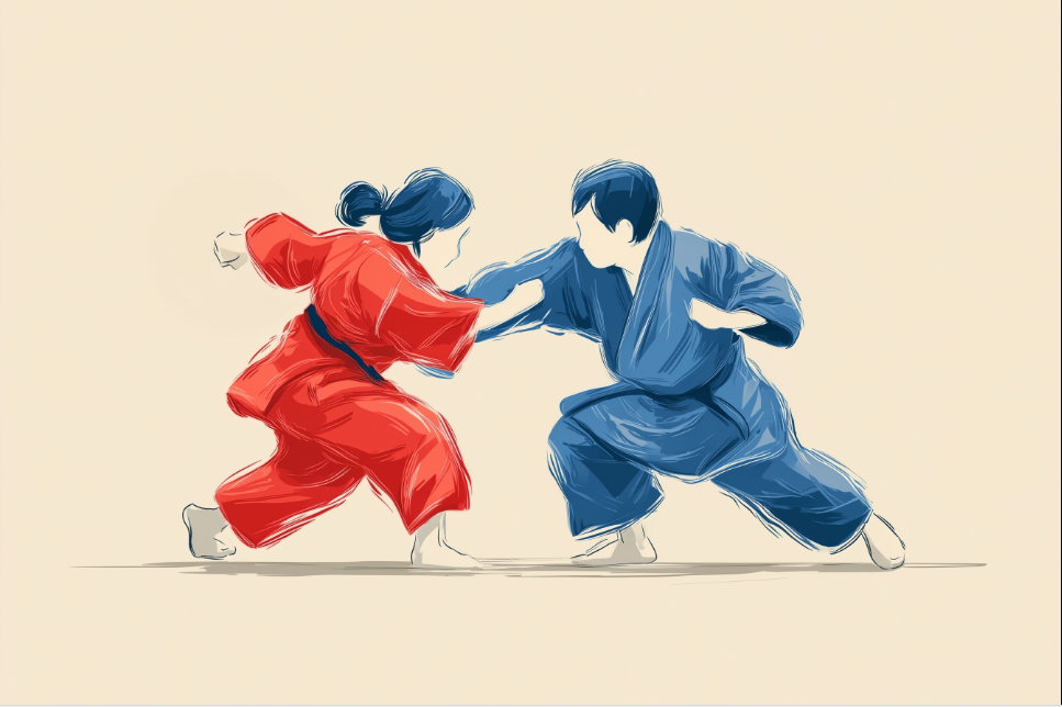Una imagen de dos luchadores de judo con sus kimonos