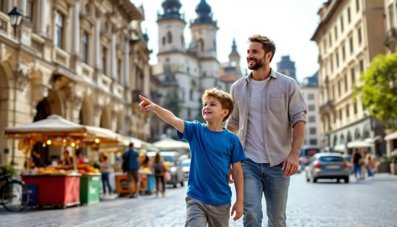 Un niño y su padre están explorando una ciudad, disfrutando de su viaje como turistas. Ellos observan los autobuses y preguntan a un guía sobre los sitios de interés, utilizando vocabulario en inglés básico para viajar