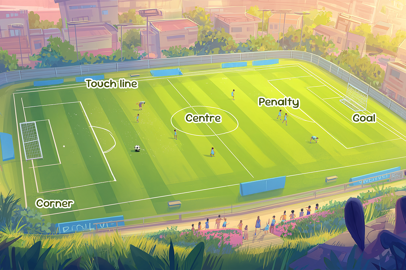Un campo de fútbol con indicaciones de cada una de sus partes