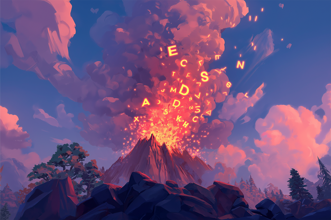 Un volcán en erupción con letras saliendo