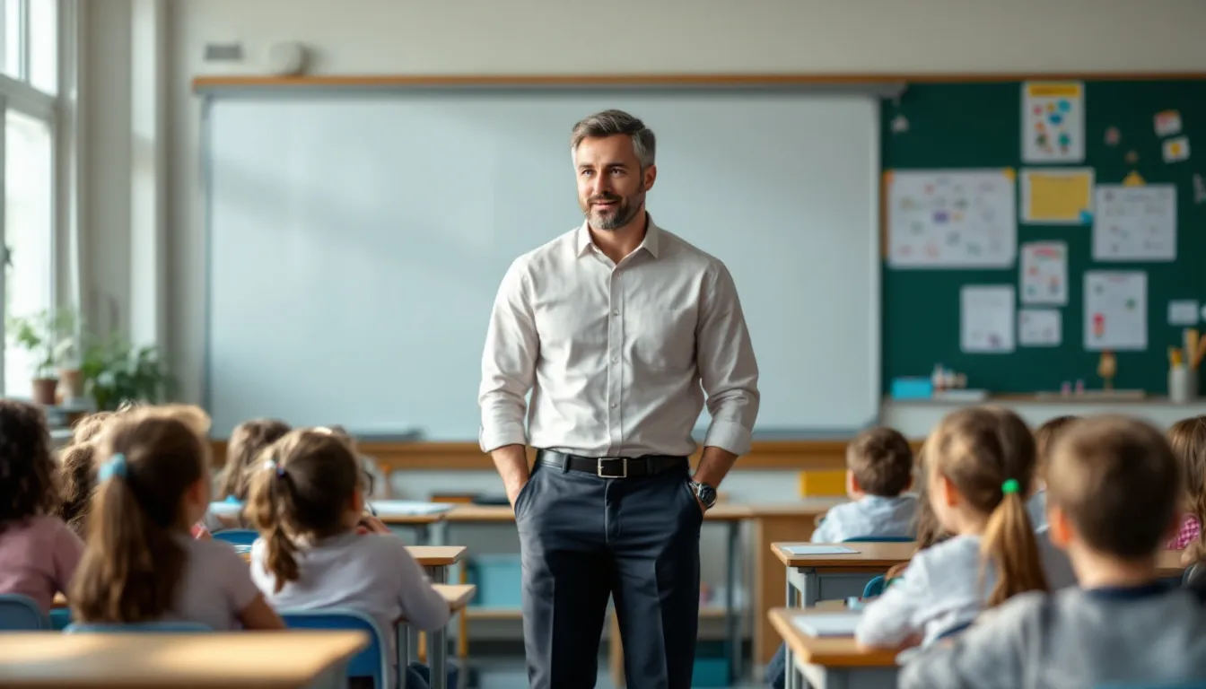 En la imagen, un profesor está dando una clase a un grupo de niños, quienes parecen atentos mientras aprenden sobre verbos y sus conjugaciones en inglés. El ambiente es de estudio y aprendizaje, con un enfoque en ejemplos y reglas de gramática