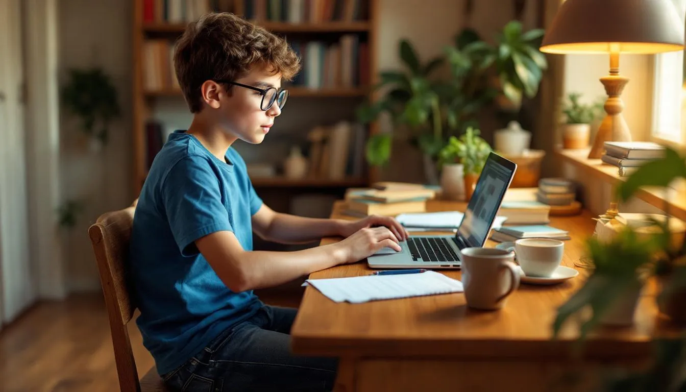 Un niño estudiando con su computadora cómo usar each en inglés