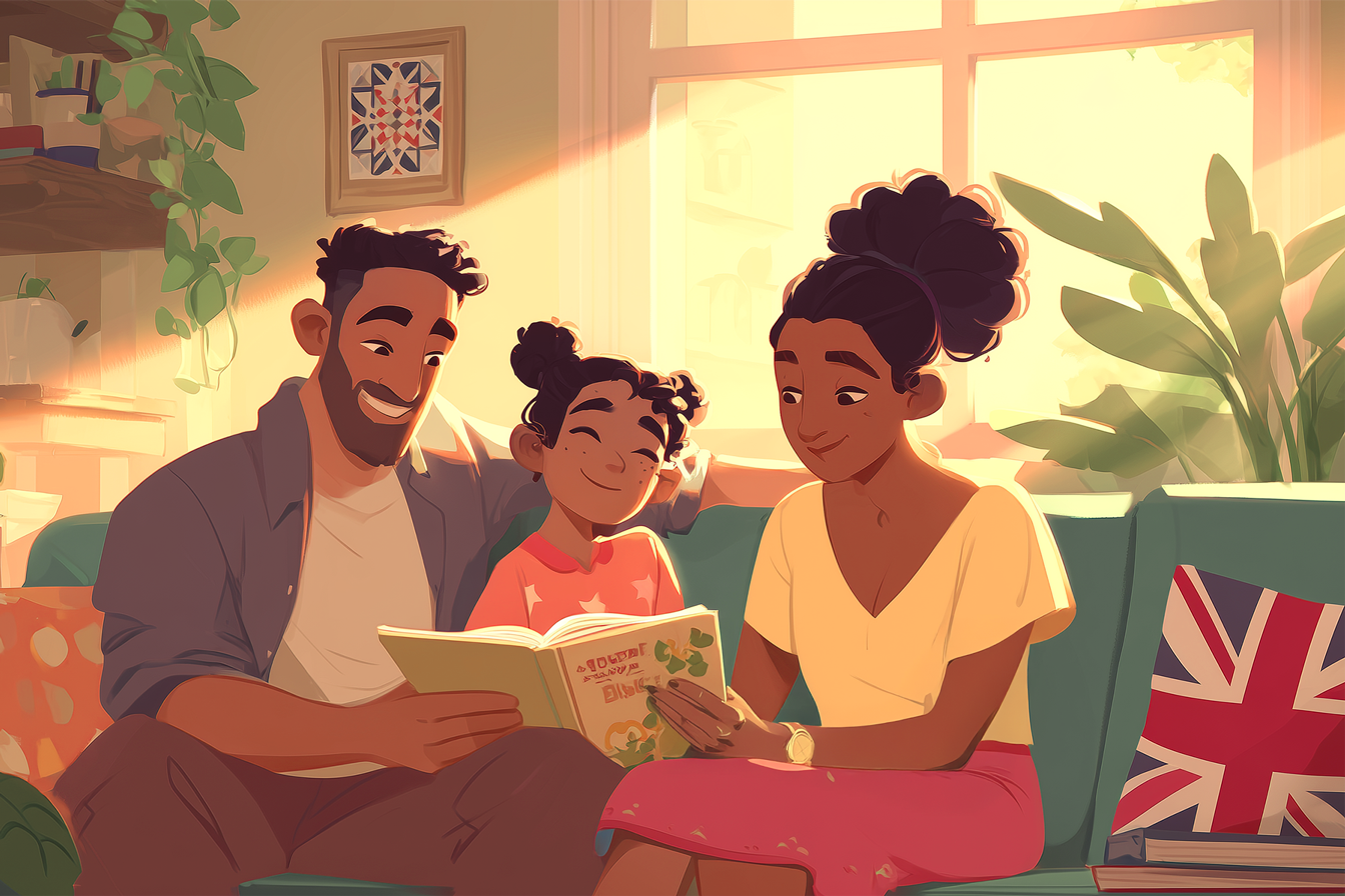Una imagen de una familia leyendo un libro.