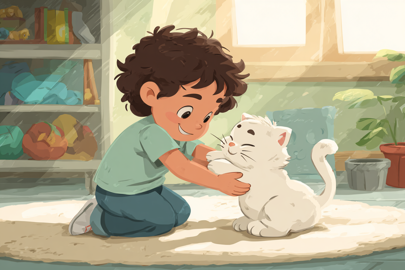 Un niño juega con un gato