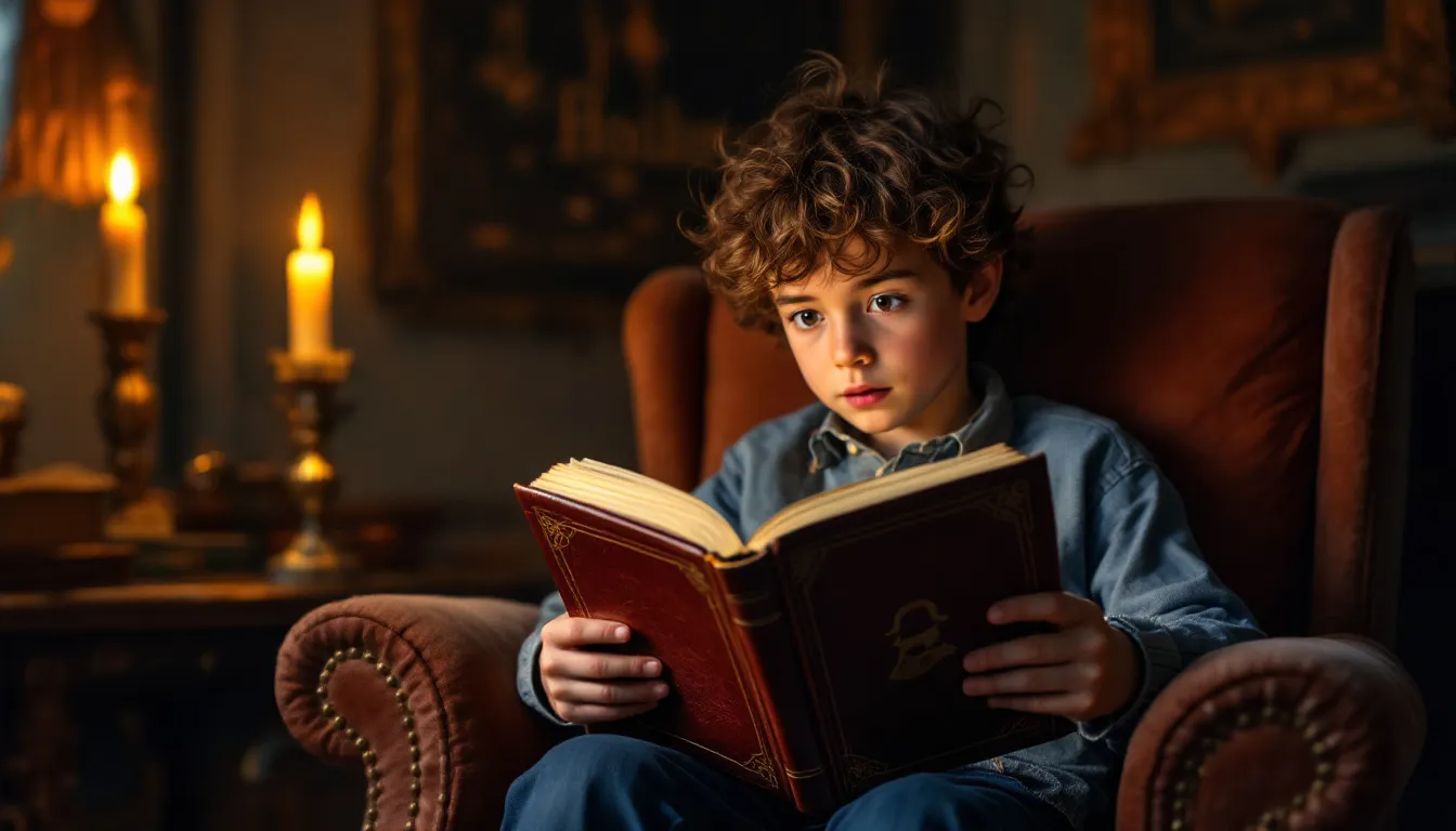 Un niño leyendo un libro de Sherlock Holmes.