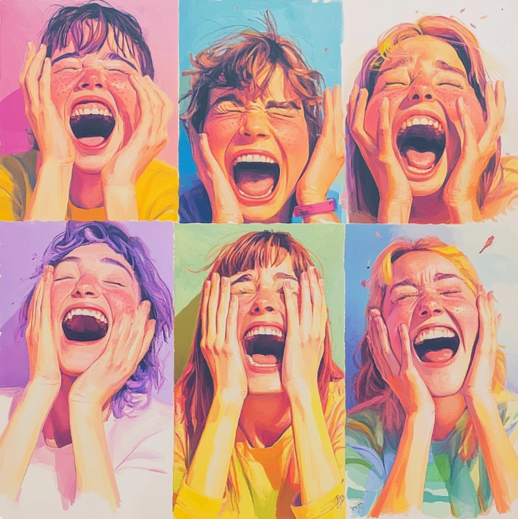 Seis chicas jóvenes riéndose a carcajadas