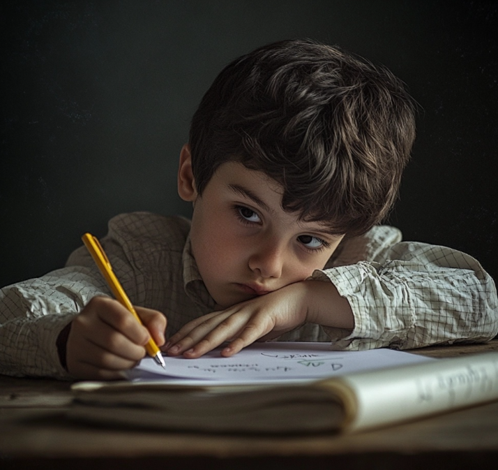Un niño pensando sobre qué escribir.