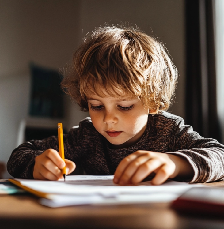 Un niño escribiendo un ensayo.