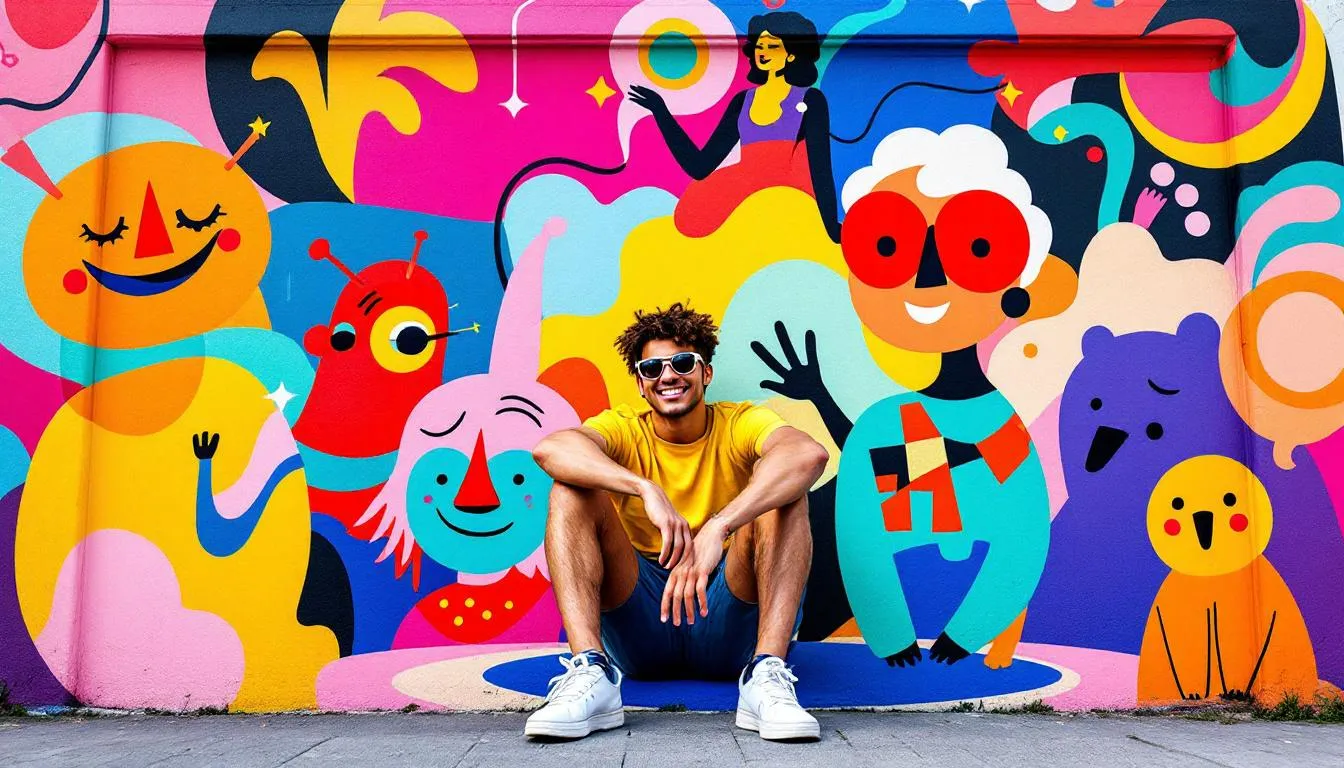 Imagen de un chico sonriendo delante de un colorido mural