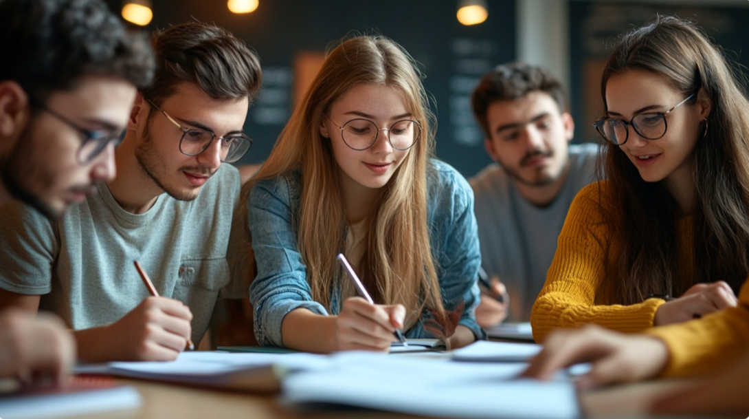 Varios jóvenes escriben en sus respectivos cuadernos