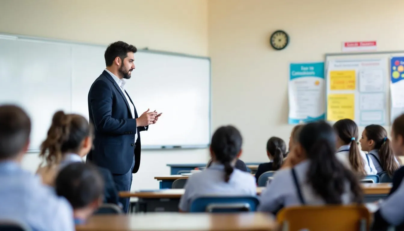 En la imagen, un profesor está de pie frente a una mesa en un aula, enseñando a un grupo de estudiantes que lo observan atentamente. El profesor utiliza ejemplos de preposiciones en inglés, como