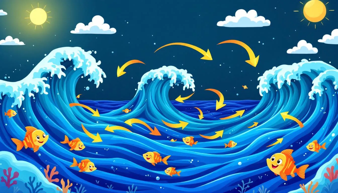 Ilustración de varias olas con peces