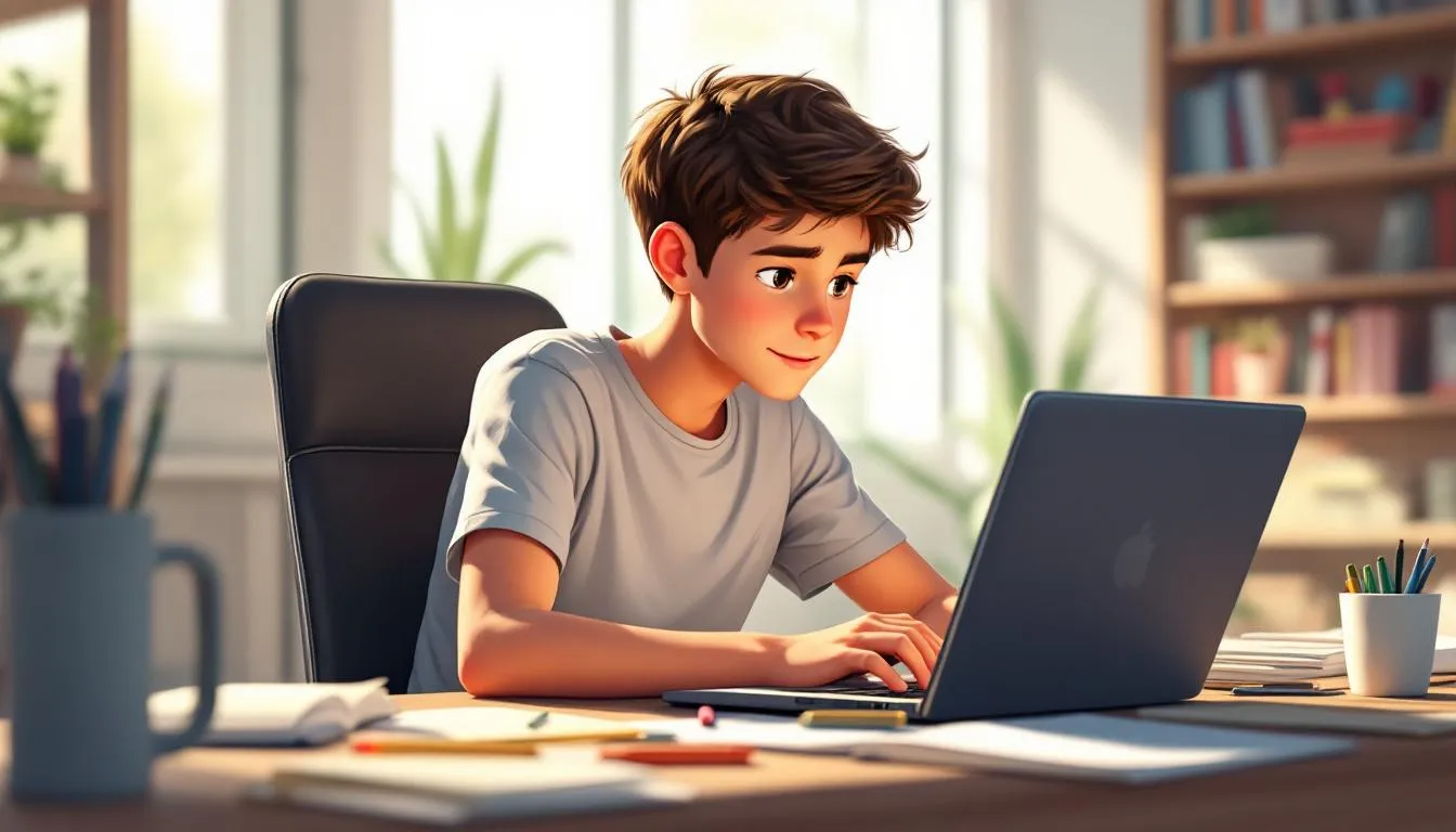 Un adolescente estudia en su computadora