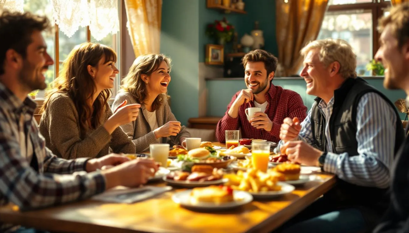 Un grupo de ingleses disfrutando de un almuerzo