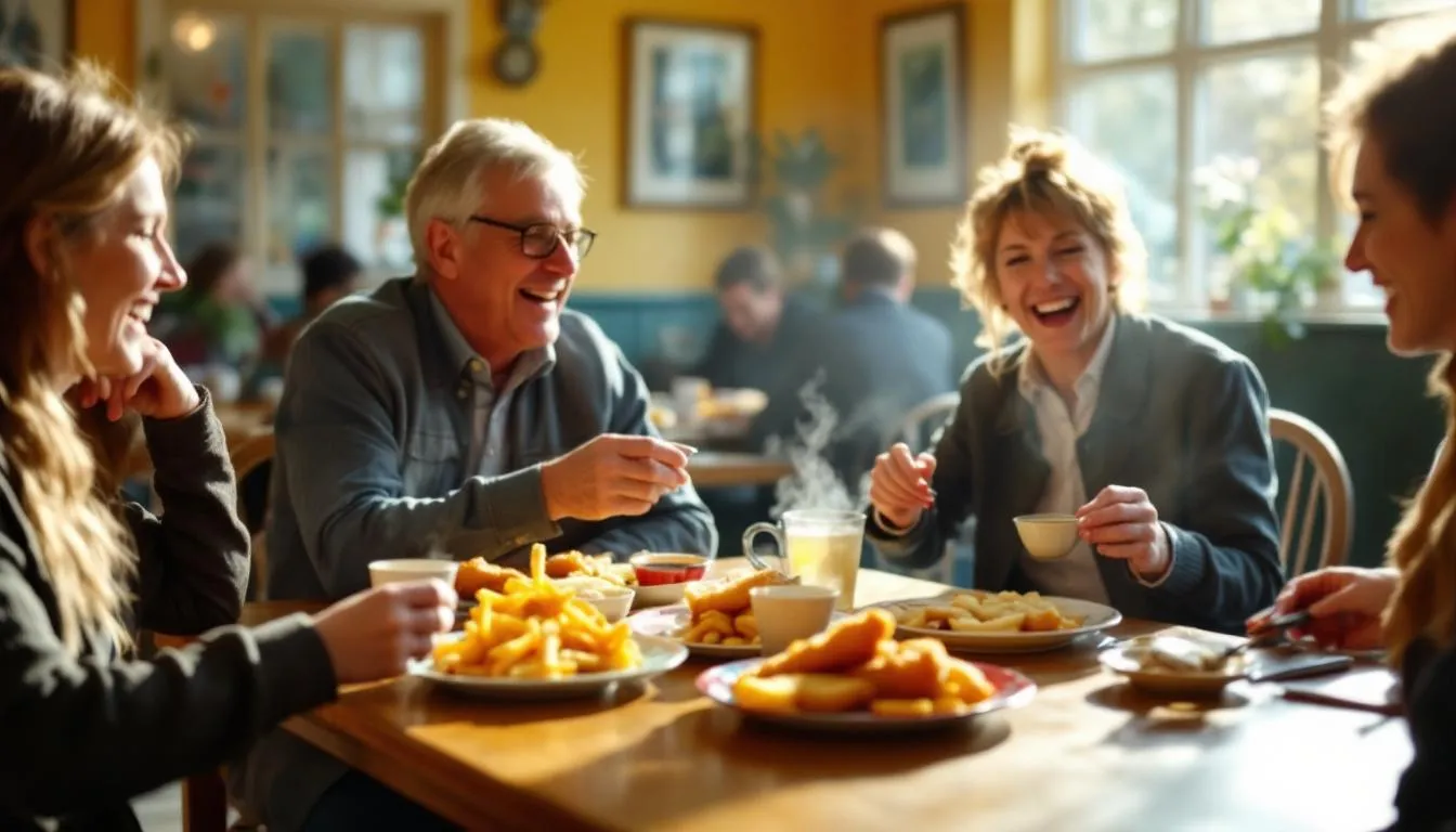 Un grupo de ingleses disfrutando de un almuerzo