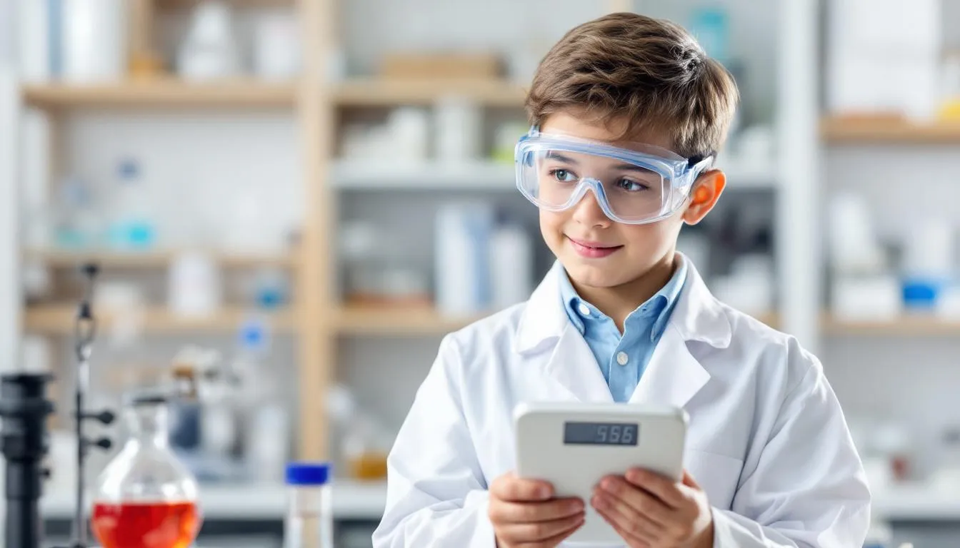 Un niño está de pie sobre una báscula, observando con curiosidad la medición de su peso en el sistema métrico decimal. La báscula muestra un número que representa su masa, mientras el niño sonríe, disfrutando de la experiencia de aprender sobre las unidades de medida.