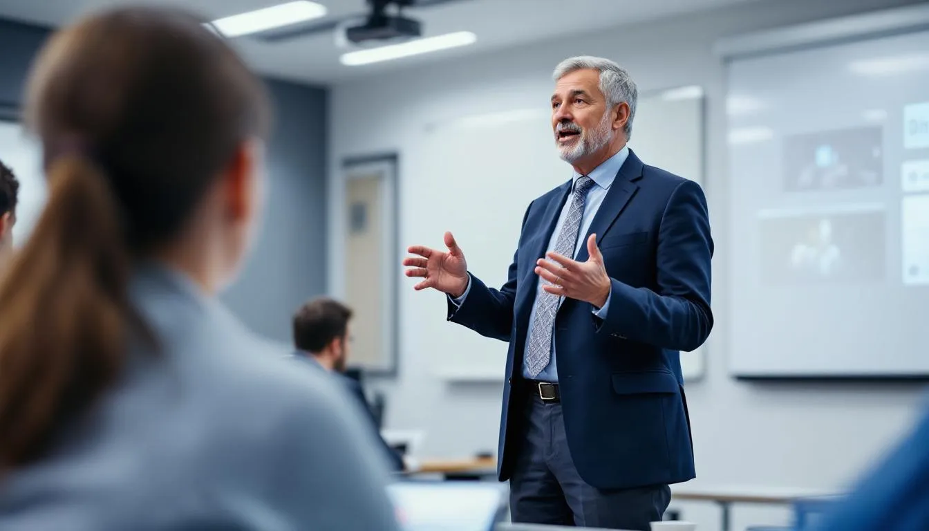 Un profesor está dando una clase, de pie frente a un grupo de estudiantes, mientras explica conceptos relacionados con el sistema métrico decimal y las unidades de medida, utilizando ejemplos de longitud y volumen. La escena refleja un ambiente educativo donde se comparten conocimientos sobre conversiones entre diferentes sistemas de medidas, como el sistema imperial y el métrico.