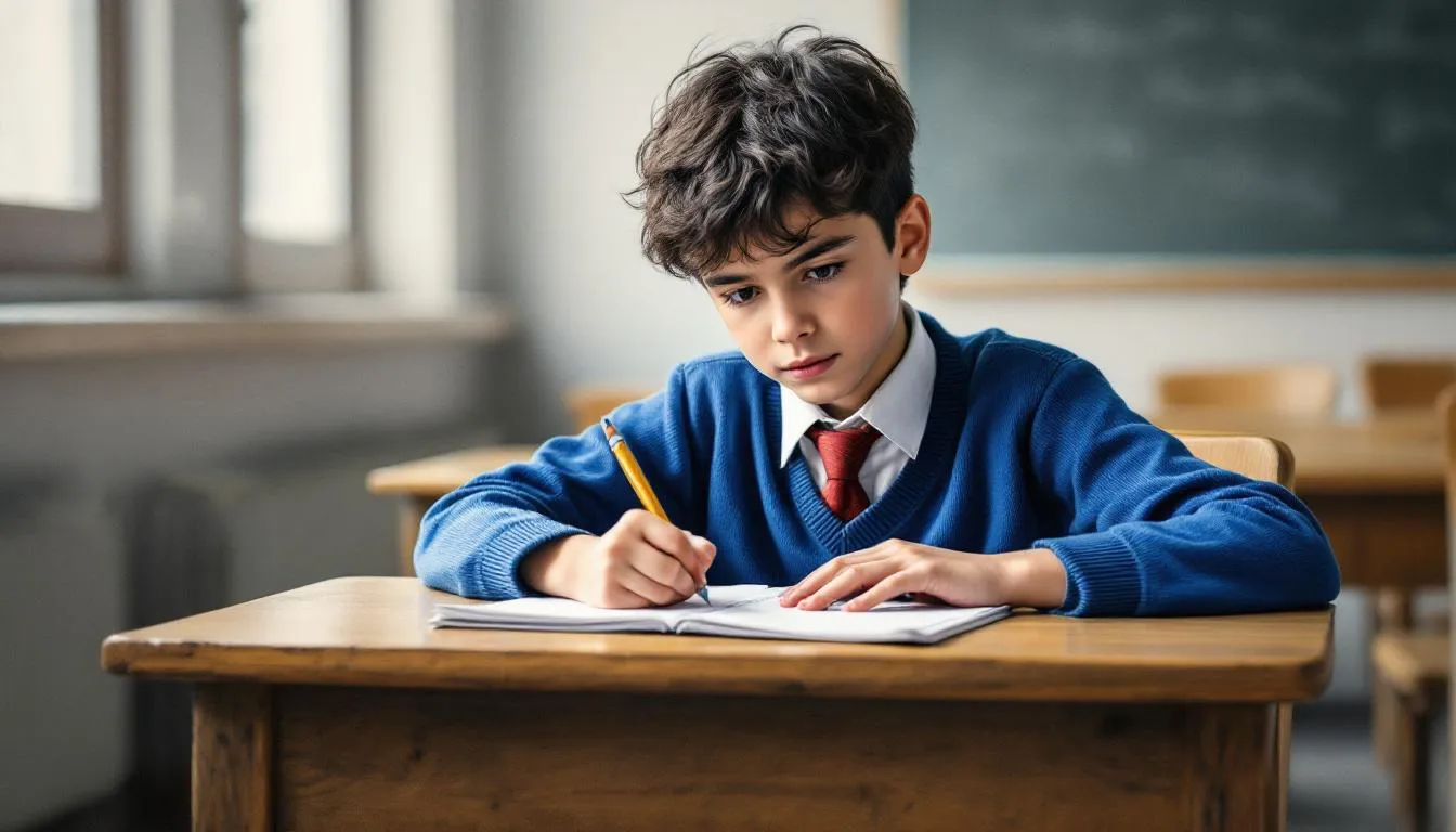 Un niño está sentado en un escritorio, concentrado en sus lecciones de gramática en inglés, rodeado de libros y hojas de ejercicios. La imagen refleja el aprendizaje de idiomas y la práctica de verbos y oraciones en un ambiente de estudio.