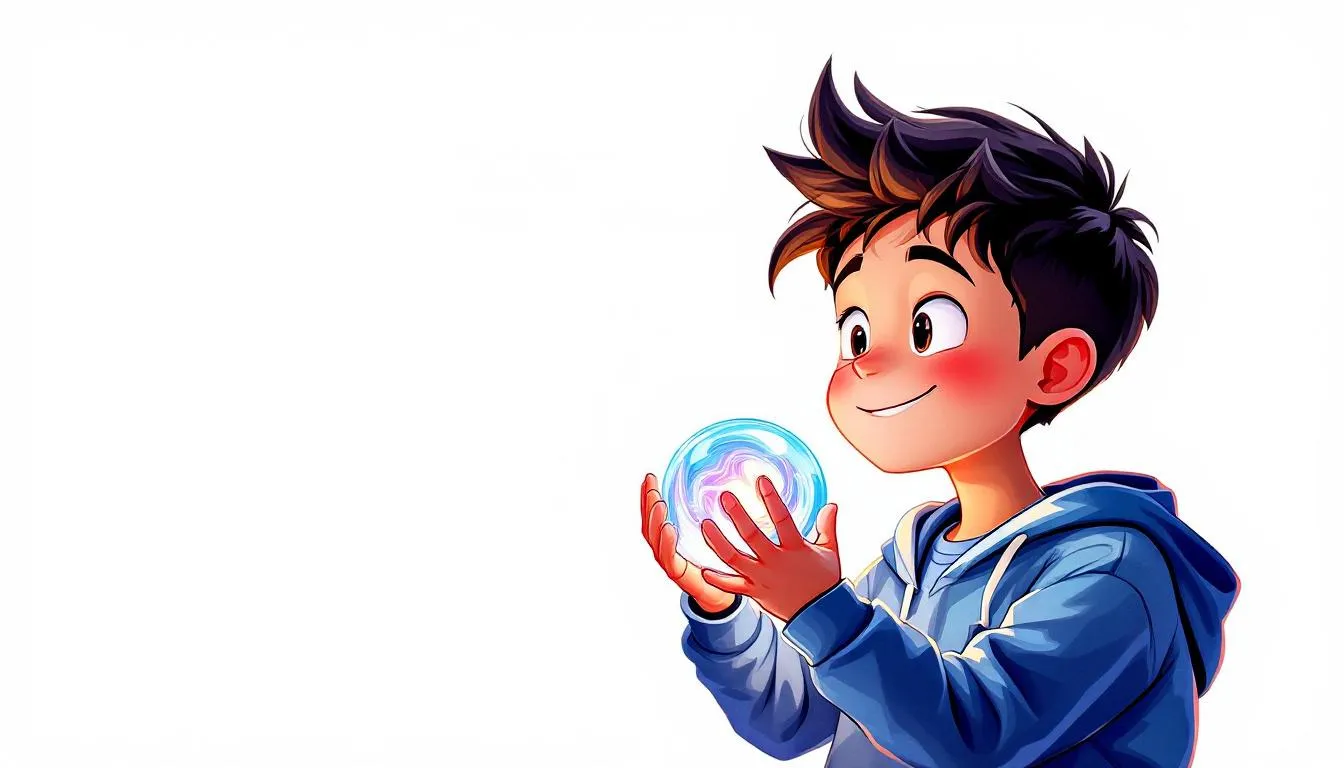 Un niño sostiene una bola brillante que parece representar un futuro lleno de posibilidades, mientras que su rostro refleja curiosidad y asombro. La ilustración evoca un sentido de aventura y aprendizaje, como si estuviera preparado para explorar nuevos idiomas y verbos en su vida